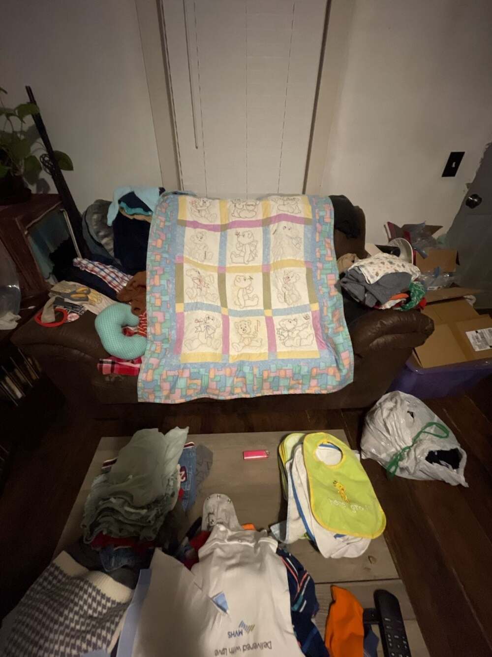 Vintage Handmade quilt w/Teddy Bear Baby with reversible side Pastel Patchwork